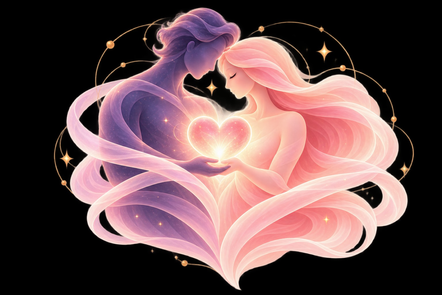 Rose and Indigo sharing a luminous heart among flowing ribbons and celestial orbits